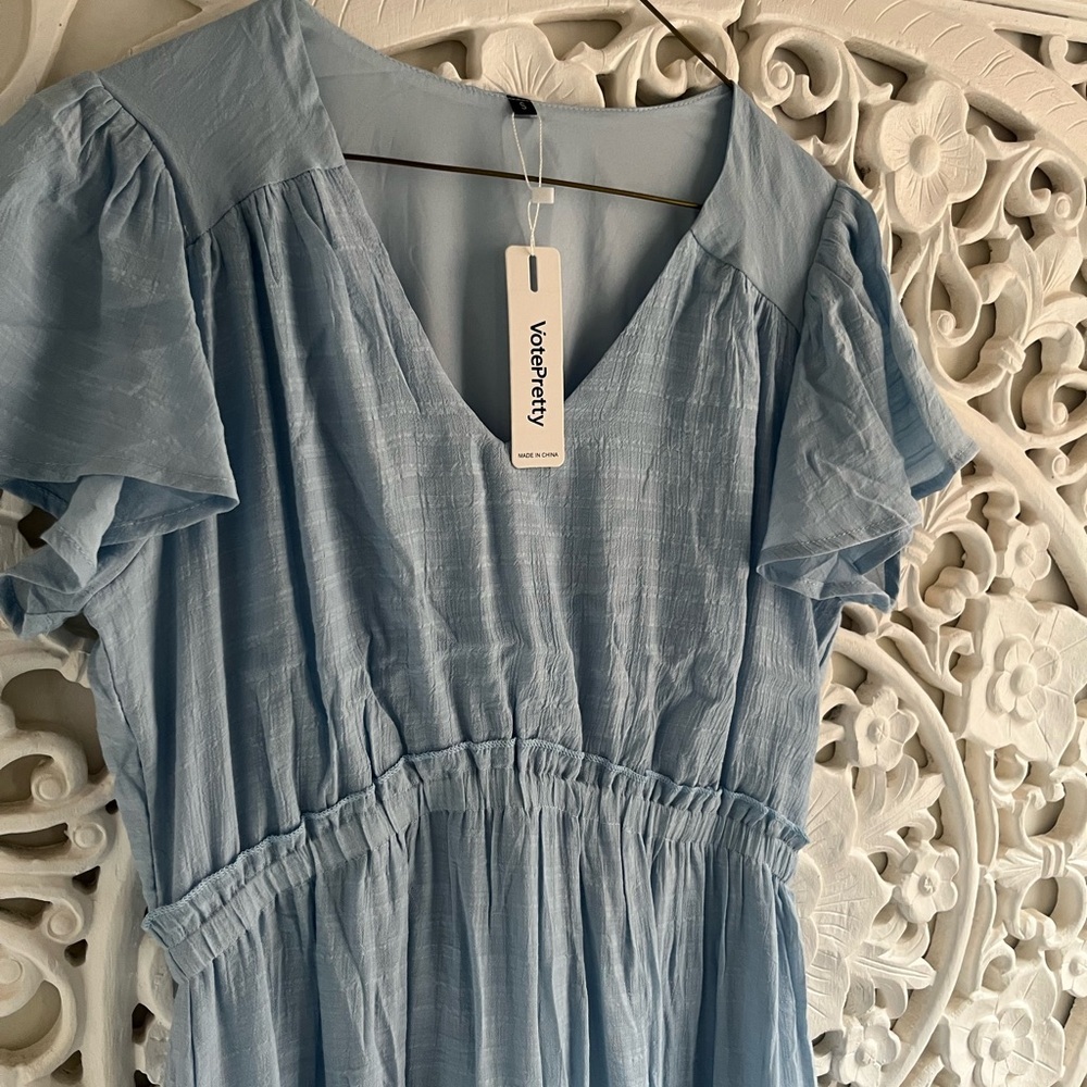 Flowy Tiered Midi Dress | Soft Blue | Flutter Sleeve | Maternity Friendly - Picture 2 of 3